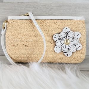 Straw Wristlet Clutch with White Floral Accent